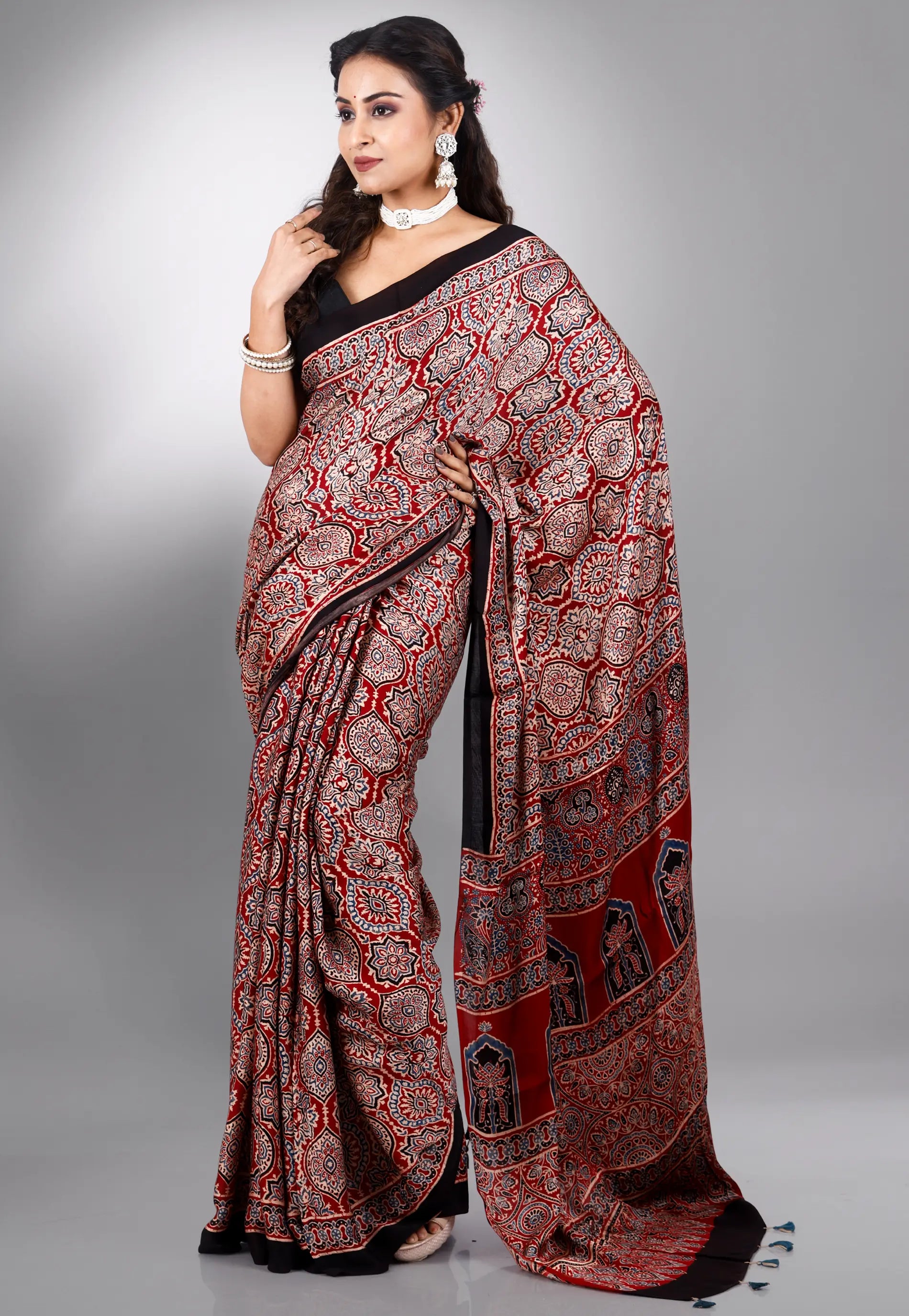 Red Ajrakh Print in Modal Silk Saree With Blouse Piece