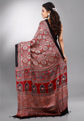 Red Ajrakh Print in Modal Silk Saree With Blouse Piece