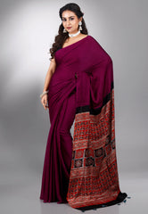 Magenta Ajrakh Print in Modal Silk Saree With Blouse Piece