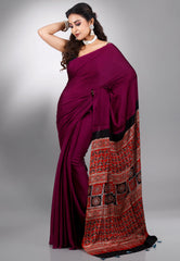 Magenta Ajrakh Print in Modal Silk Saree With Blouse Piece