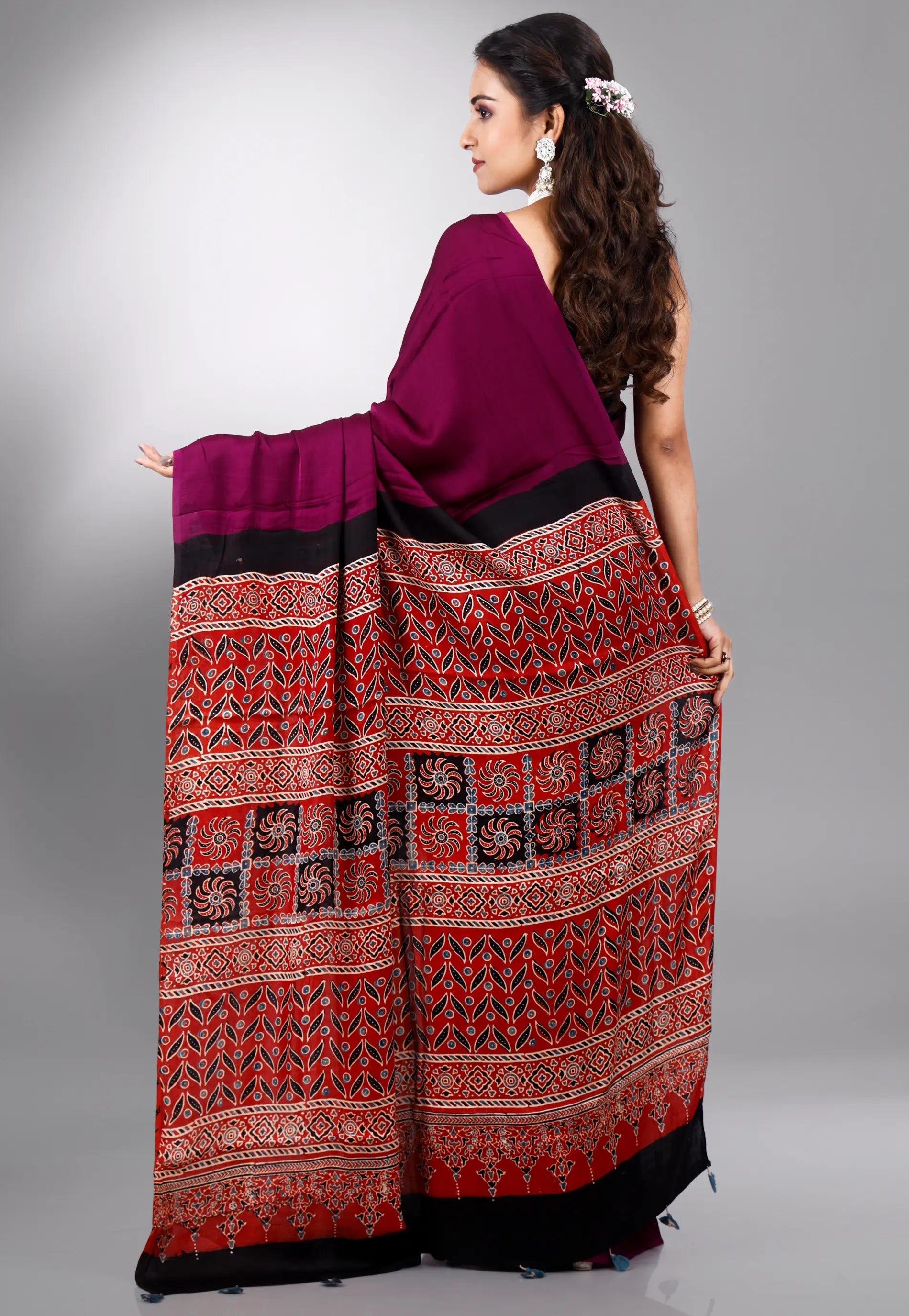 Magenta Ajrakh Print in Modal Silk Saree With Blouse Piece