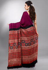 Magenta Ajrakh Print in Modal Silk Saree With Blouse Piece