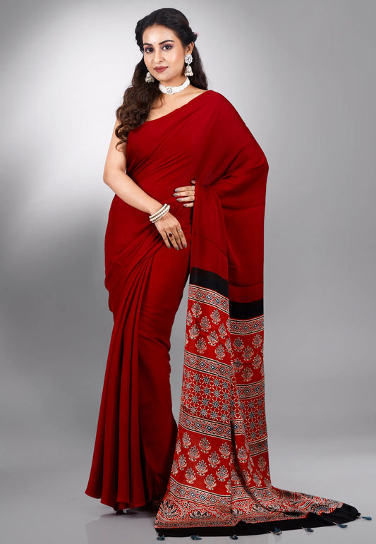 Red Ajrakh Print in Modal Silk Saree With Blouse Piece