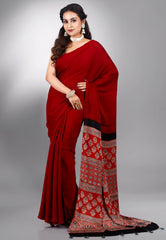 Red Ajrakh Print in Modal Silk Saree With Blouse Piece