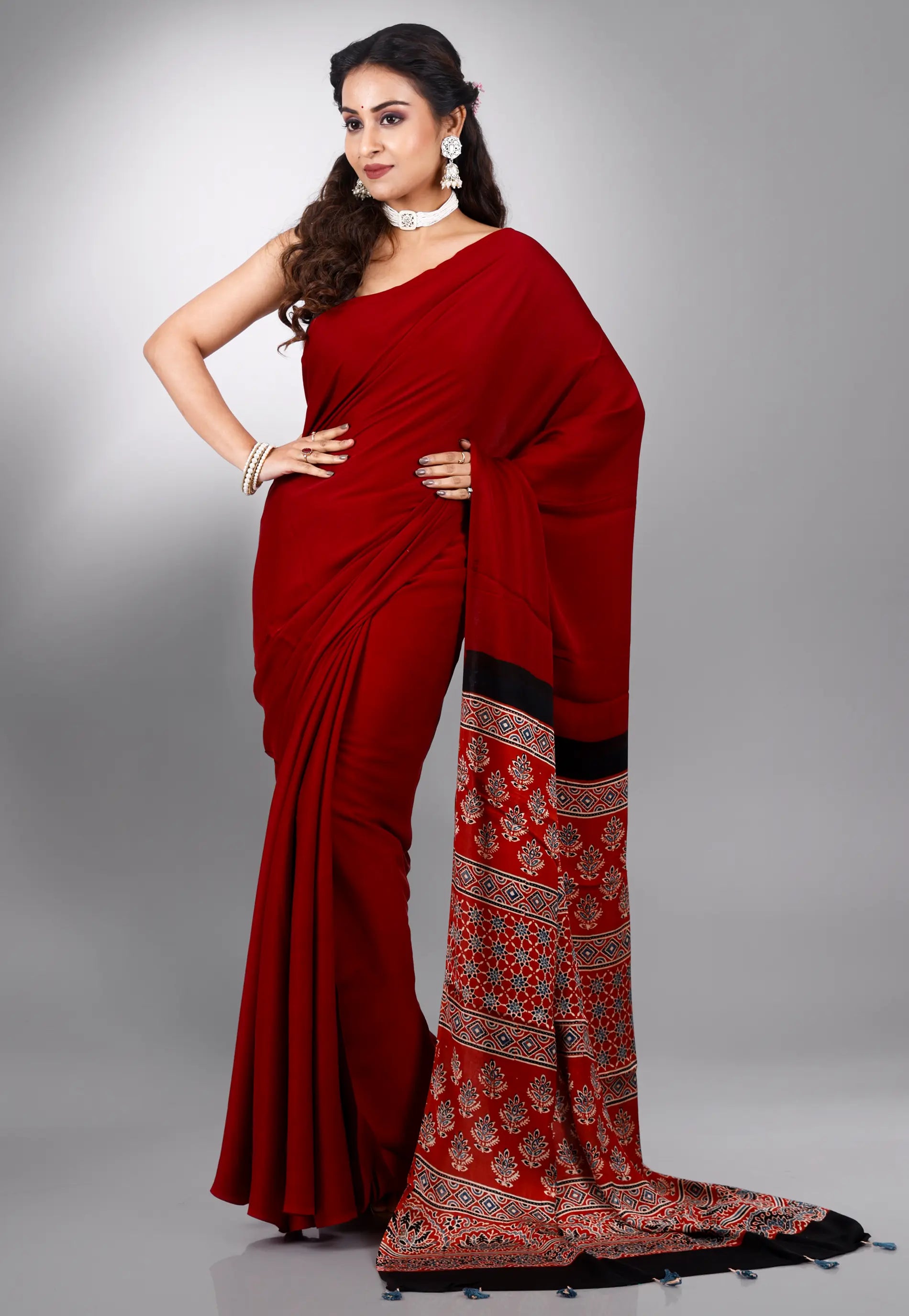 Red Ajrakh Print in Modal Silk Saree With Blouse Piece