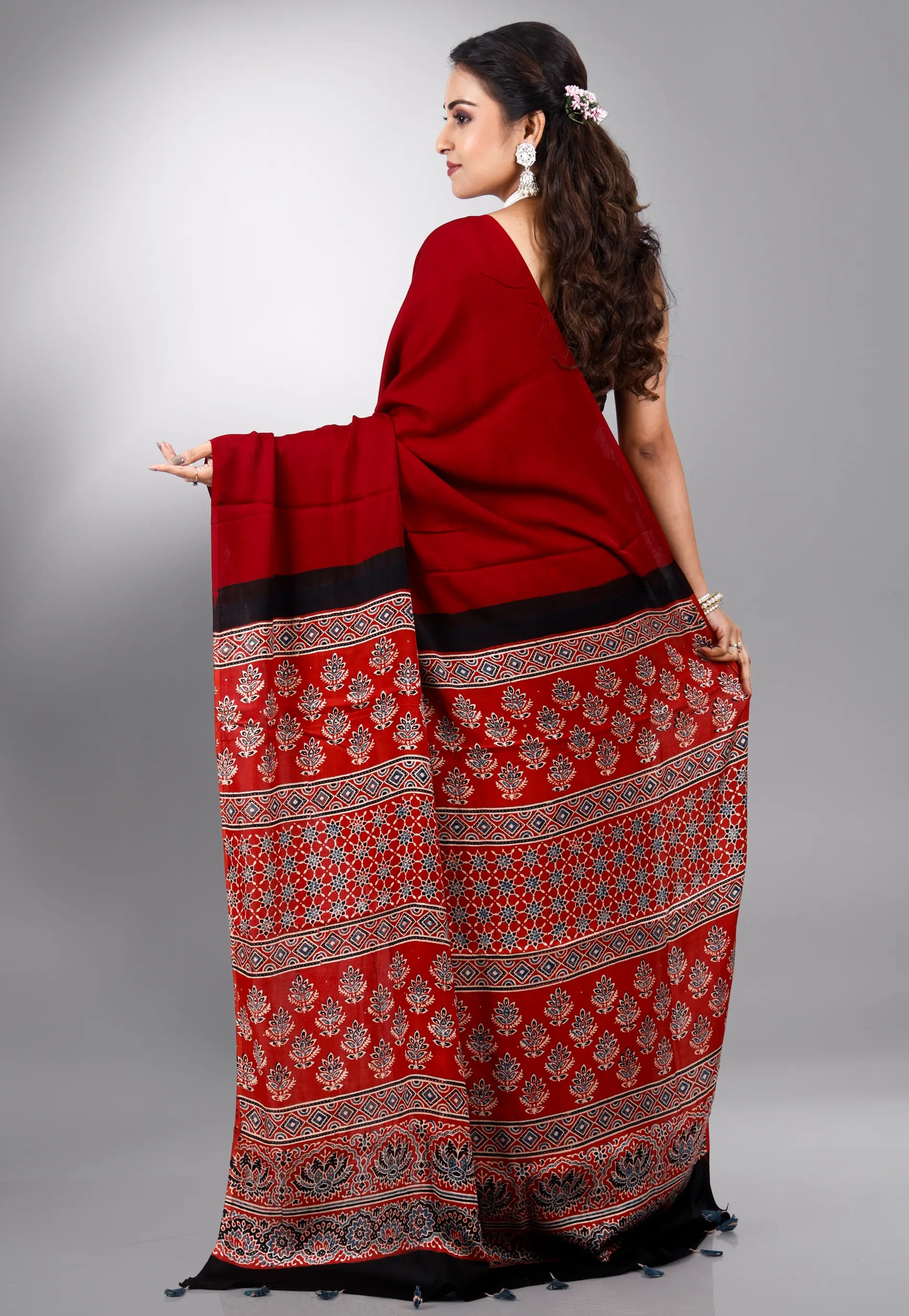 Red Ajrakh Print in Modal Silk Saree With Blouse Piece