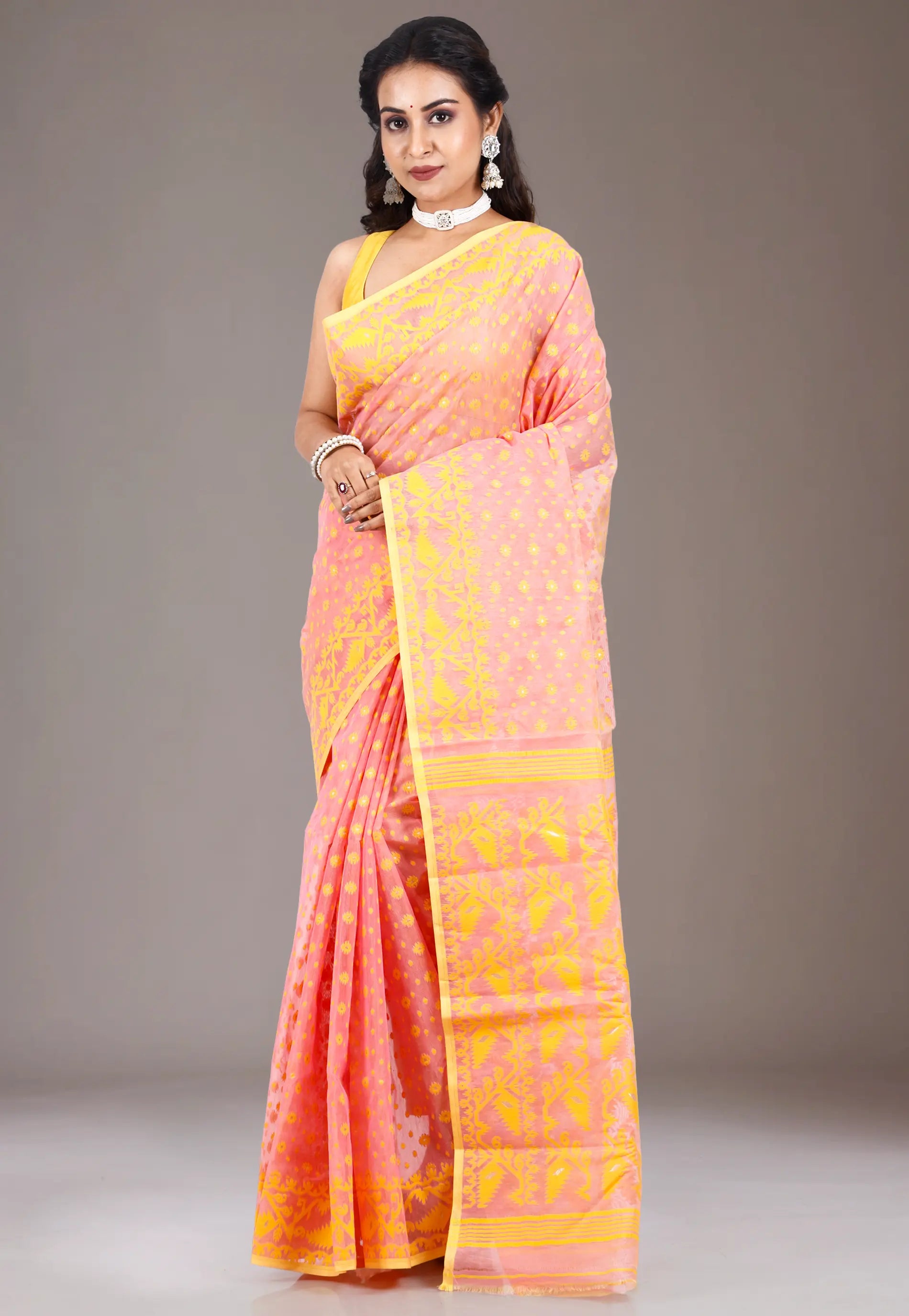 Peach Dhakai Jamdani Cotton Saree without Blouse Piece