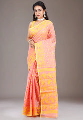 Peach Dhakai Jamdani Cotton Saree without Blouse Piece