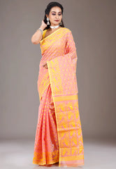 Peach Dhakai Jamdani Cotton Saree without Blouse Piece