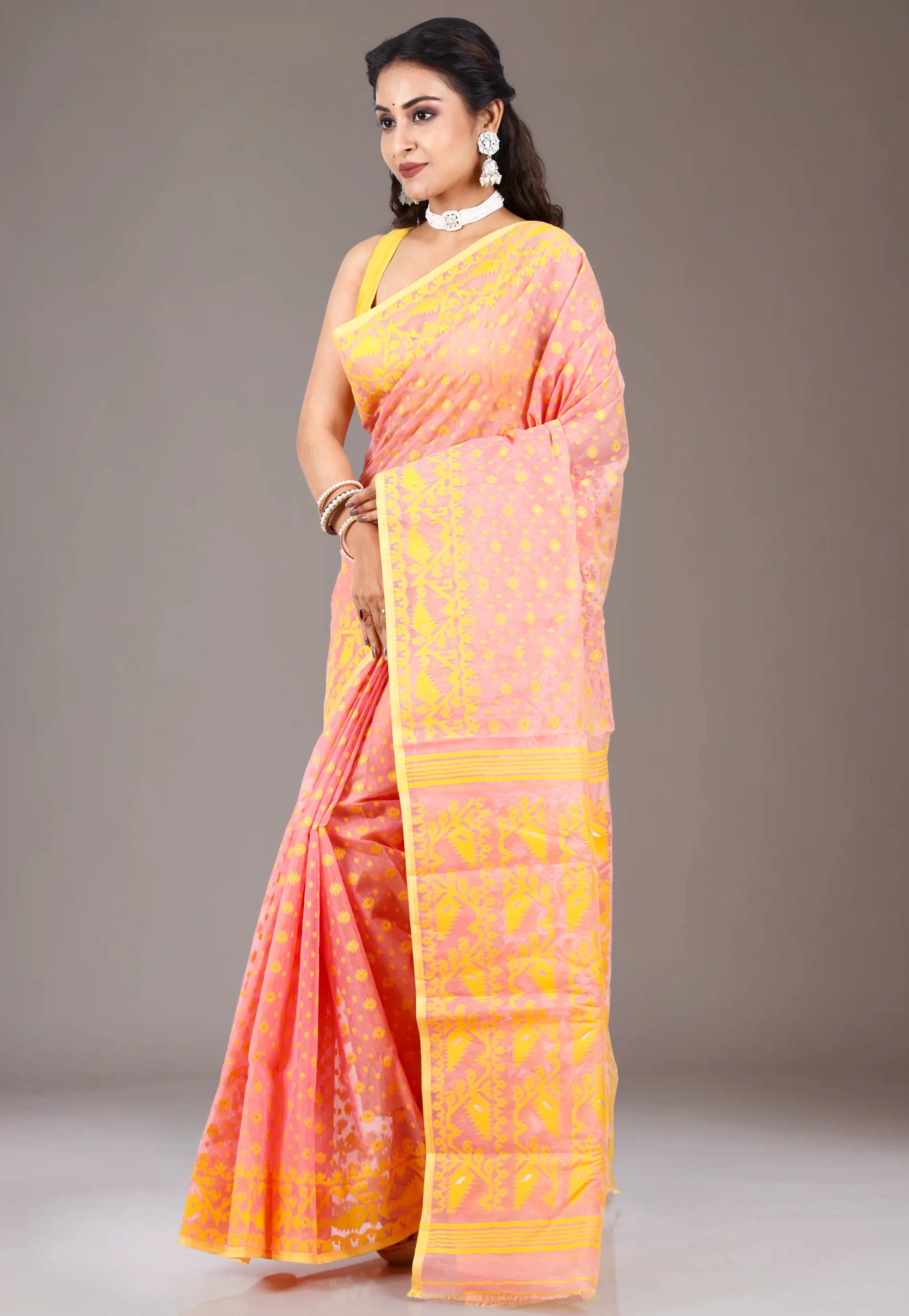 Peach Dhakai Jamdani Cotton Saree without Blouse Piece