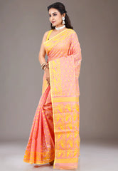 Peach Dhakai Jamdani Cotton Saree without Blouse Piece