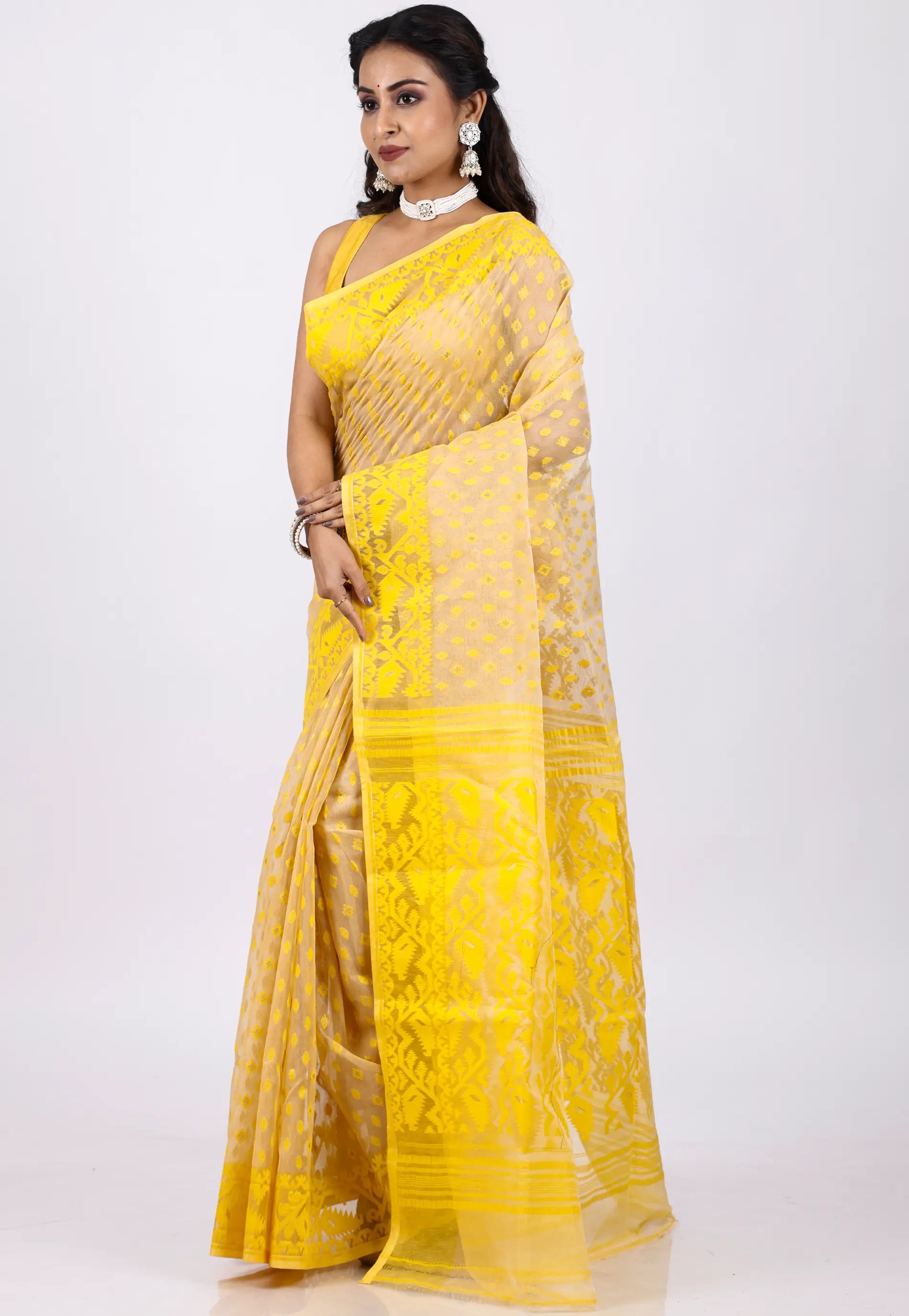 Yellow Dhakai Jamdani Cotton Saree without Blouse Piece