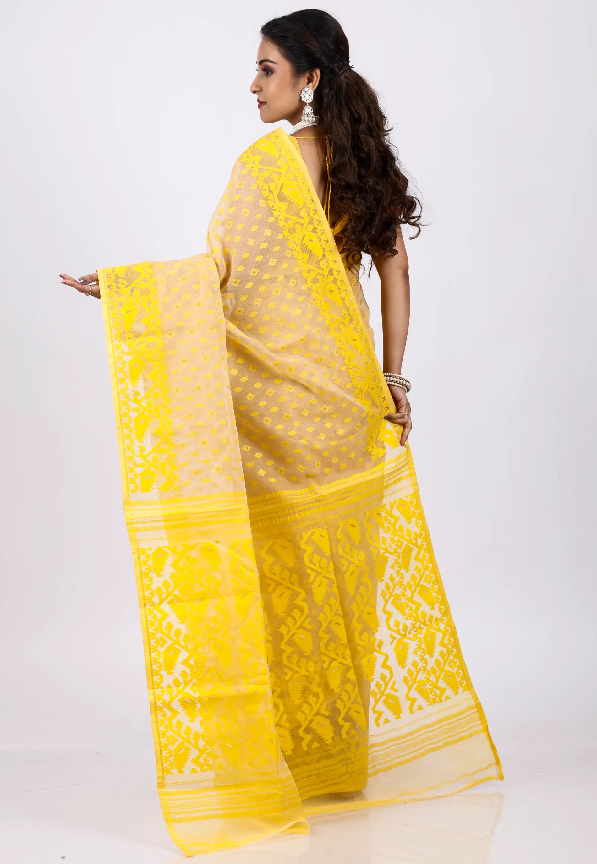 Yellow Dhakai Jamdani Cotton Saree without Blouse Piece