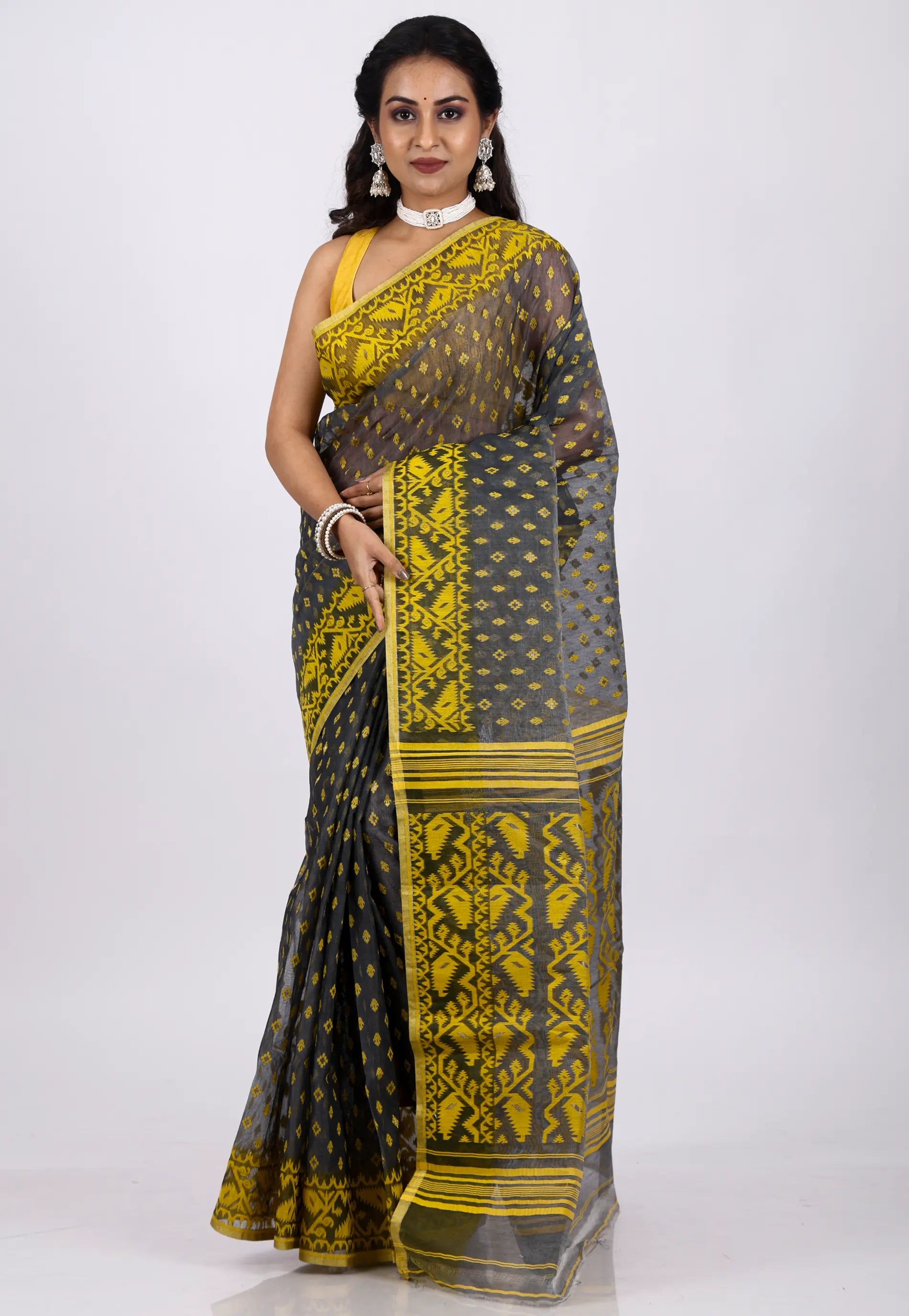 Grey Dhakai Jamdani Cotton Saree without Blouse Piece