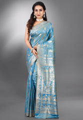 Cross Sky Blue Baluchari Silk Saree with Blouse Piece