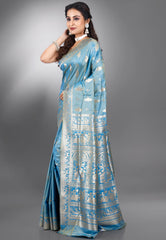 Cross Sky Blue Baluchari Silk Saree with Blouse Piece