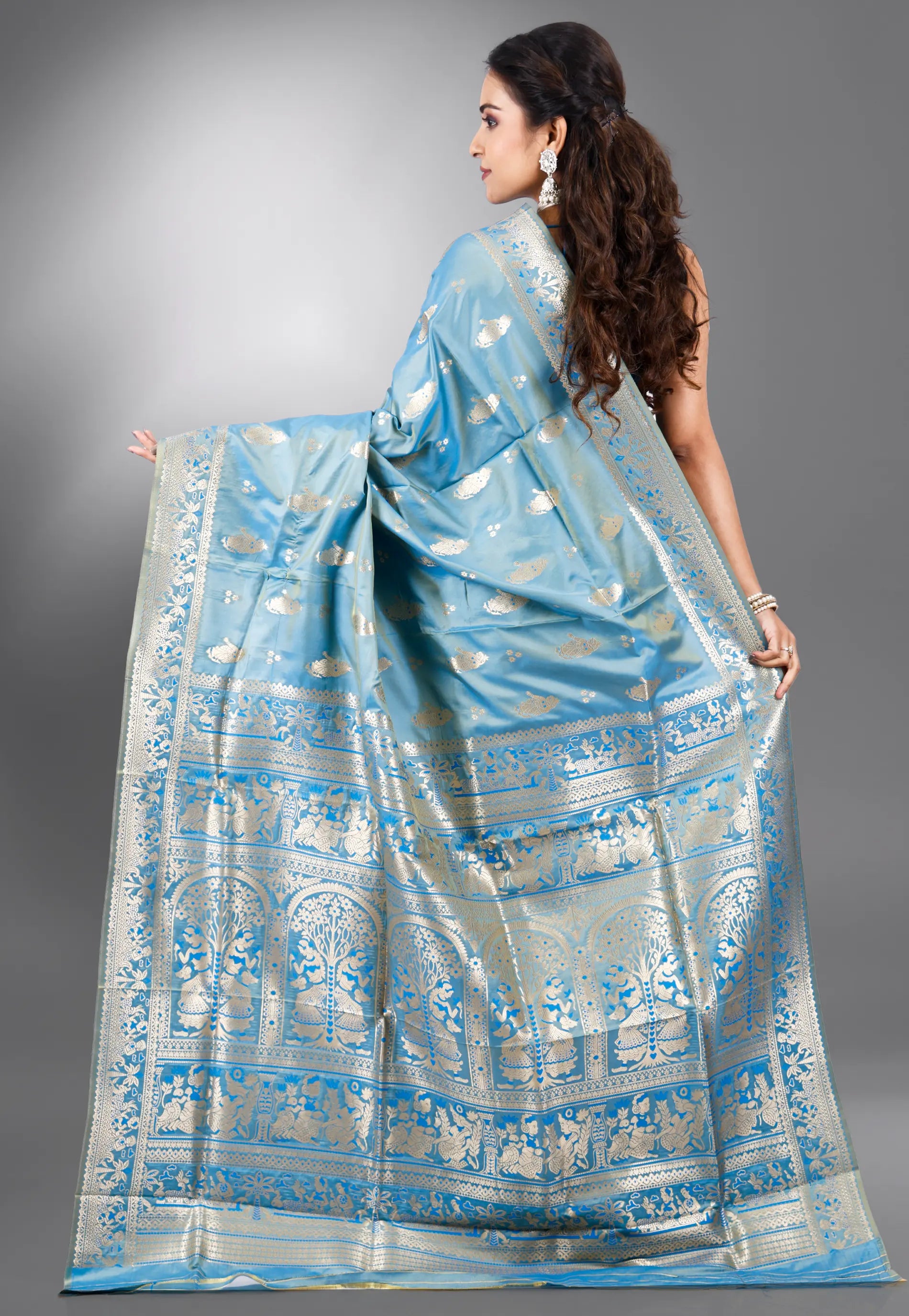 Cross Sky Blue Baluchari Silk Saree with Blouse Piece