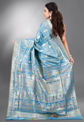 Cross Sky Blue Baluchari Silk Saree with Blouse Piece