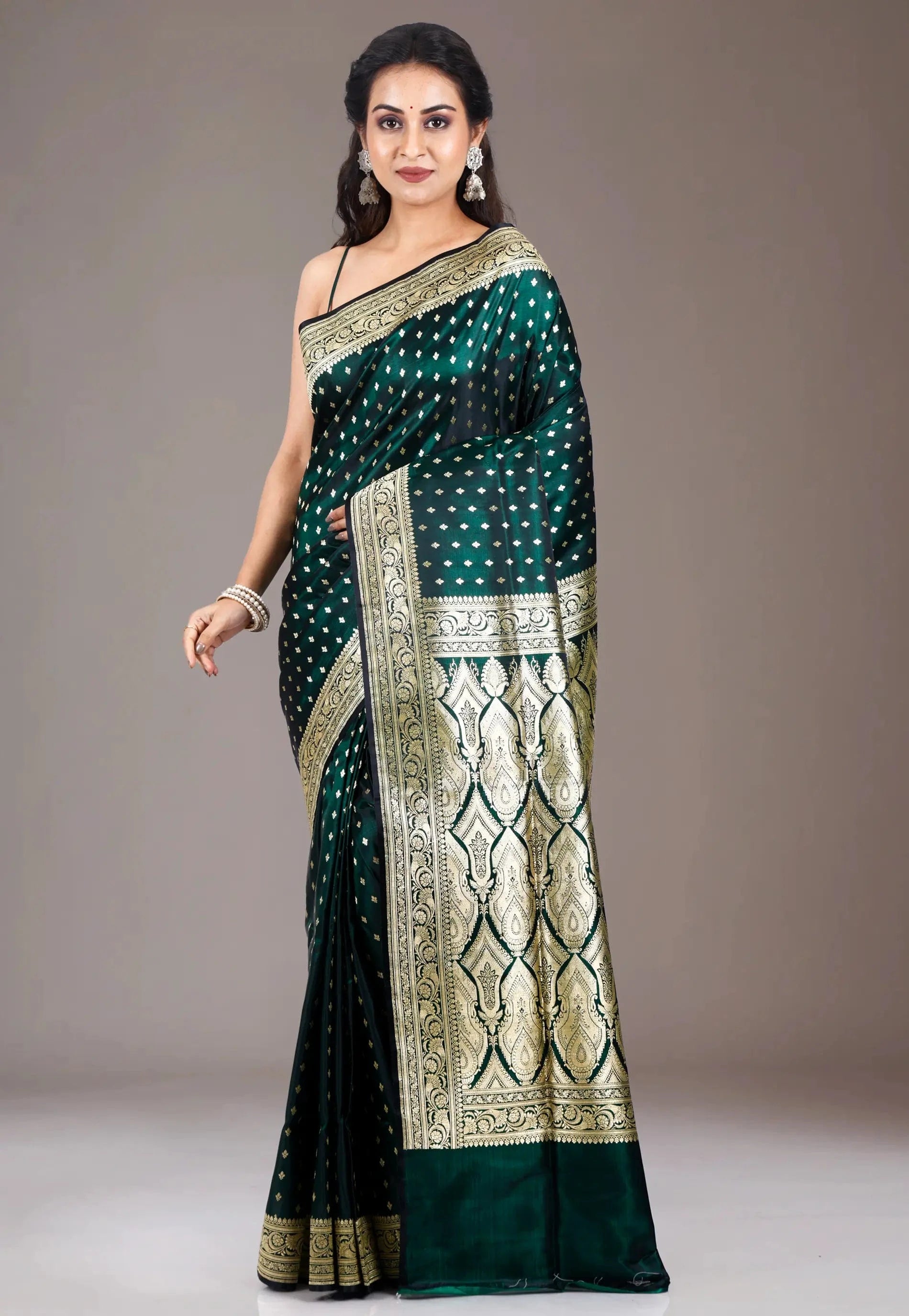 Bottle Green Wedding Banarasi Silk Saree with Blouse Piece