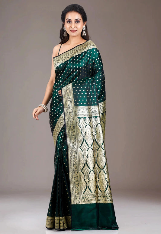 Bottle Green Wedding Banarasi Silk Saree with Blouse Piece