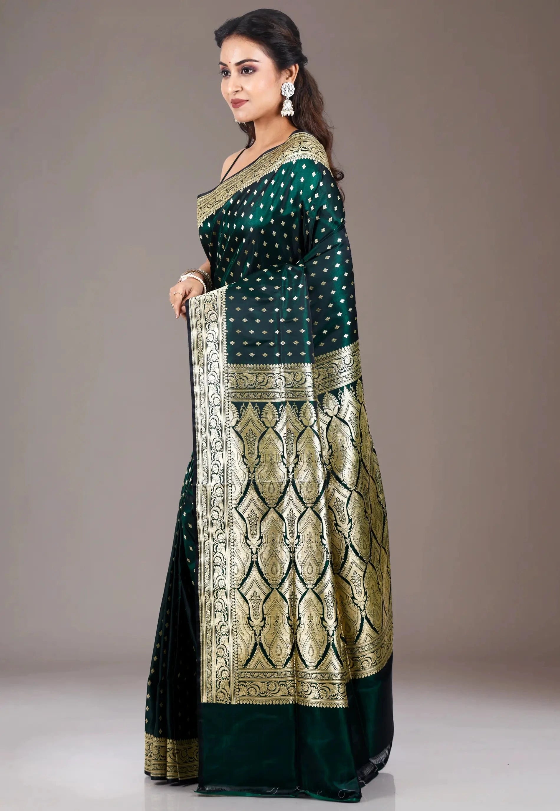 Bottle Green Wedding Banarasi Silk Saree with Blouse Piece