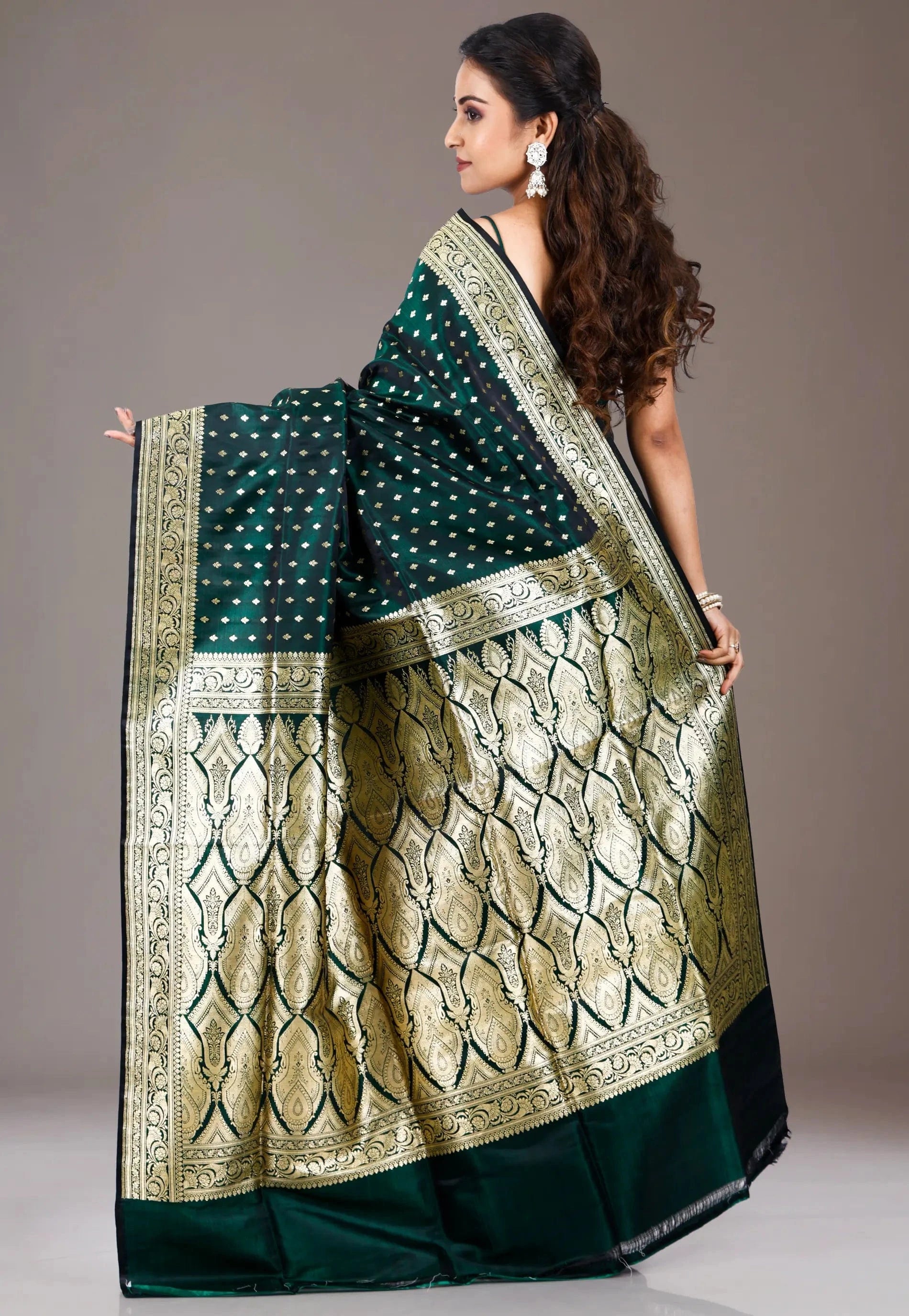 Bottle Green Wedding Banarasi Silk Saree with Blouse Piece