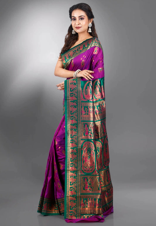 Magenta Baluchari Silk Saree with Blouse Piece