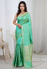 Sea Green Pure Katan Silk Saree With Blouse Piece - Adi Akshoy & Co