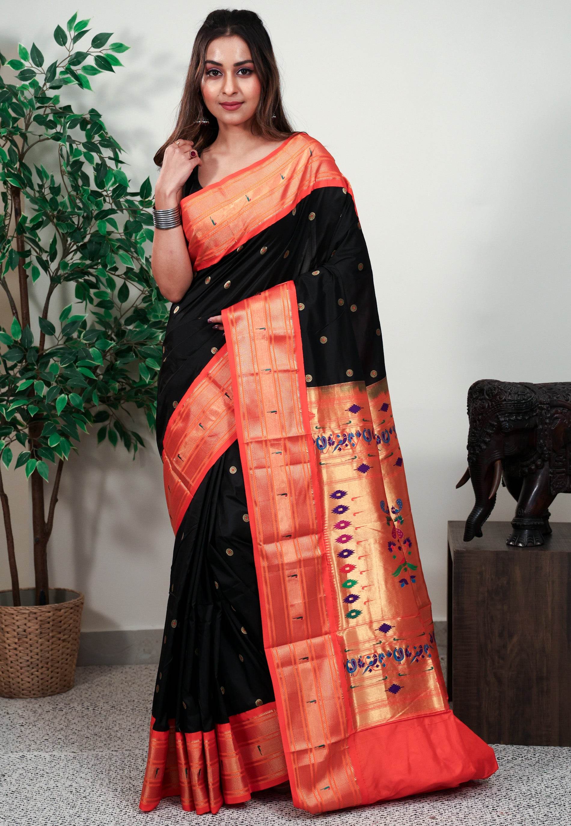 Black with Orange Border Paithani Silk Saree With Blouse Piece - Adi Akshoy & Co.