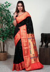 Black with Orange Border Paithani Silk Saree With Blouse Piece - Adi Akshoy & Co.