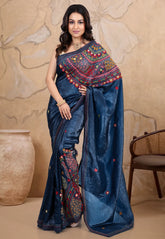 Midnight Blue Crush Tissue Kantha Saree With Blouse Piece - Adi Akshoy & Co