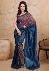 Midnight Blue Crush Tissue Kantha Saree With Blouse Piece - Adi Akshoy & Co