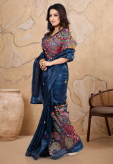Midnight Blue Crush Tissue Kantha Saree With Blouse Piece - Adi Akshoy & Co