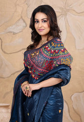 Midnight Blue Crush Tissue Kantha Saree With Blouse Piece - Adi Akshoy & Co