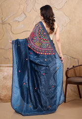 Midnight Blue Crush Tissue Kantha Saree With Blouse Piece - Adi Akshoy & Co