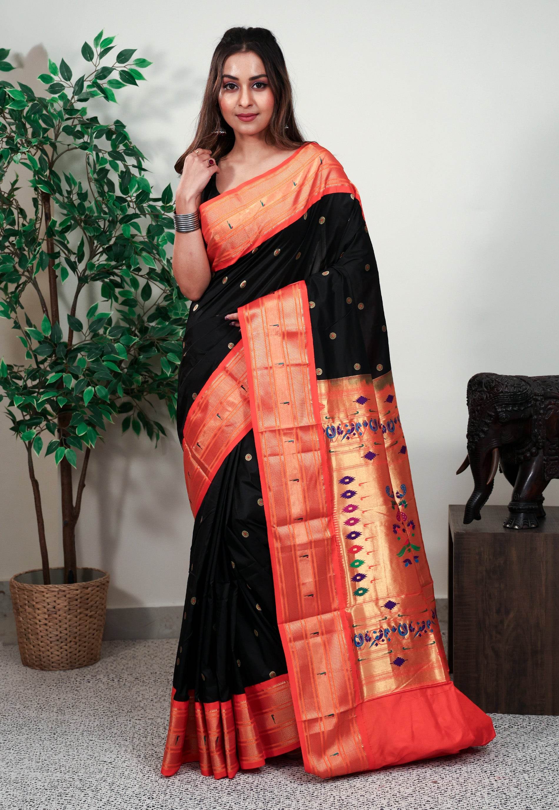 Black with Orange Border Paithani Silk Saree With Blouse Piece - Adi Akshoy & Co.