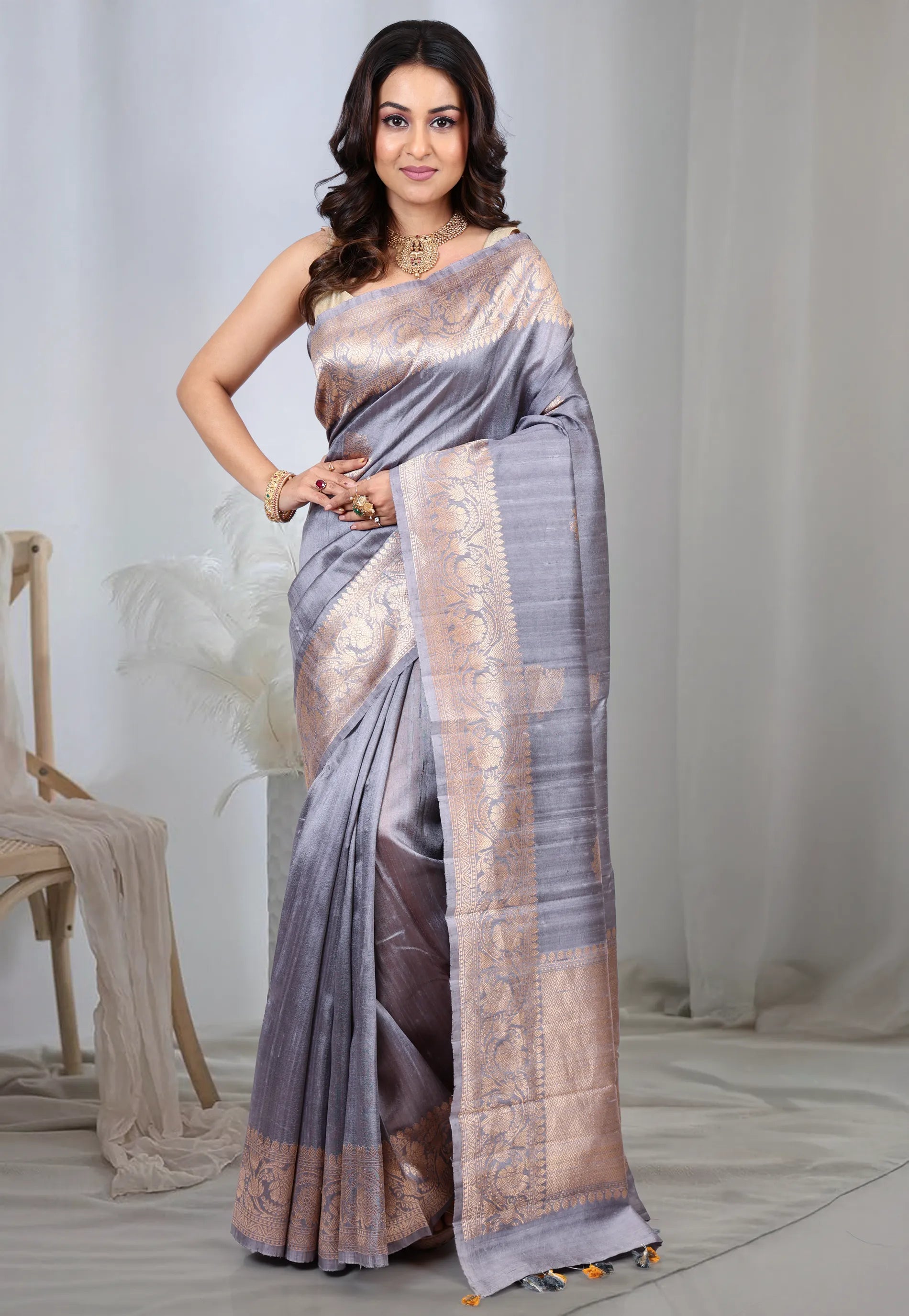Mauve Pure Tussar Silk with Golden Border with Blouse Piece - Adi Akshoy & Co