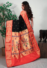 Black with Orange Border Paithani Silk Saree With Blouse Piece - Adi Akshoy & Co.