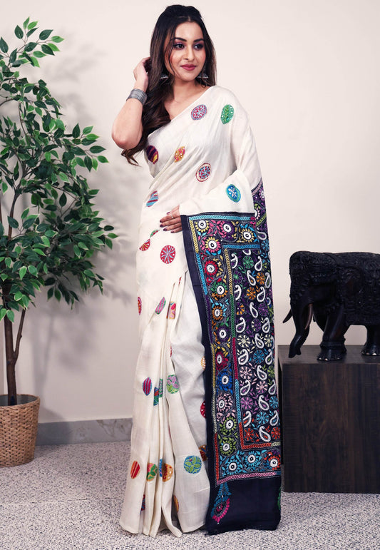 Off White Pure Silk Kantha Saree With Blouse Piece - Adi Akshoy & Co.