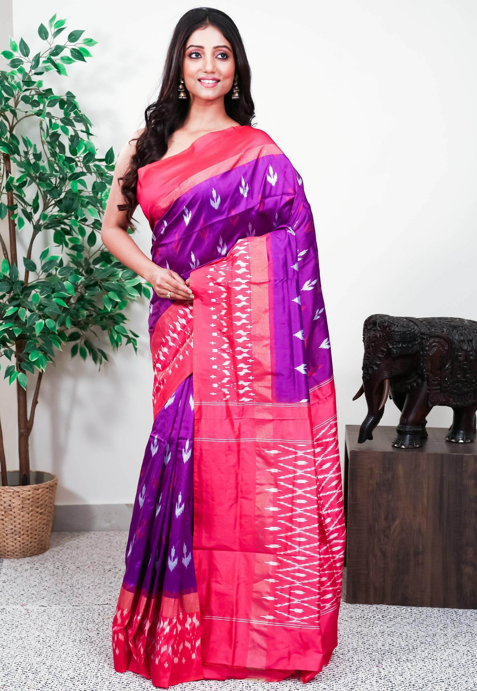 Purple with Rani Pink Border Handloom Ikkat Saree With Blouse Piece - Adi Akshoy & Co.