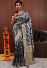 Blue Minakari Tissue Silk Saree with Blouse Piece - Adi Akshoy & Co.