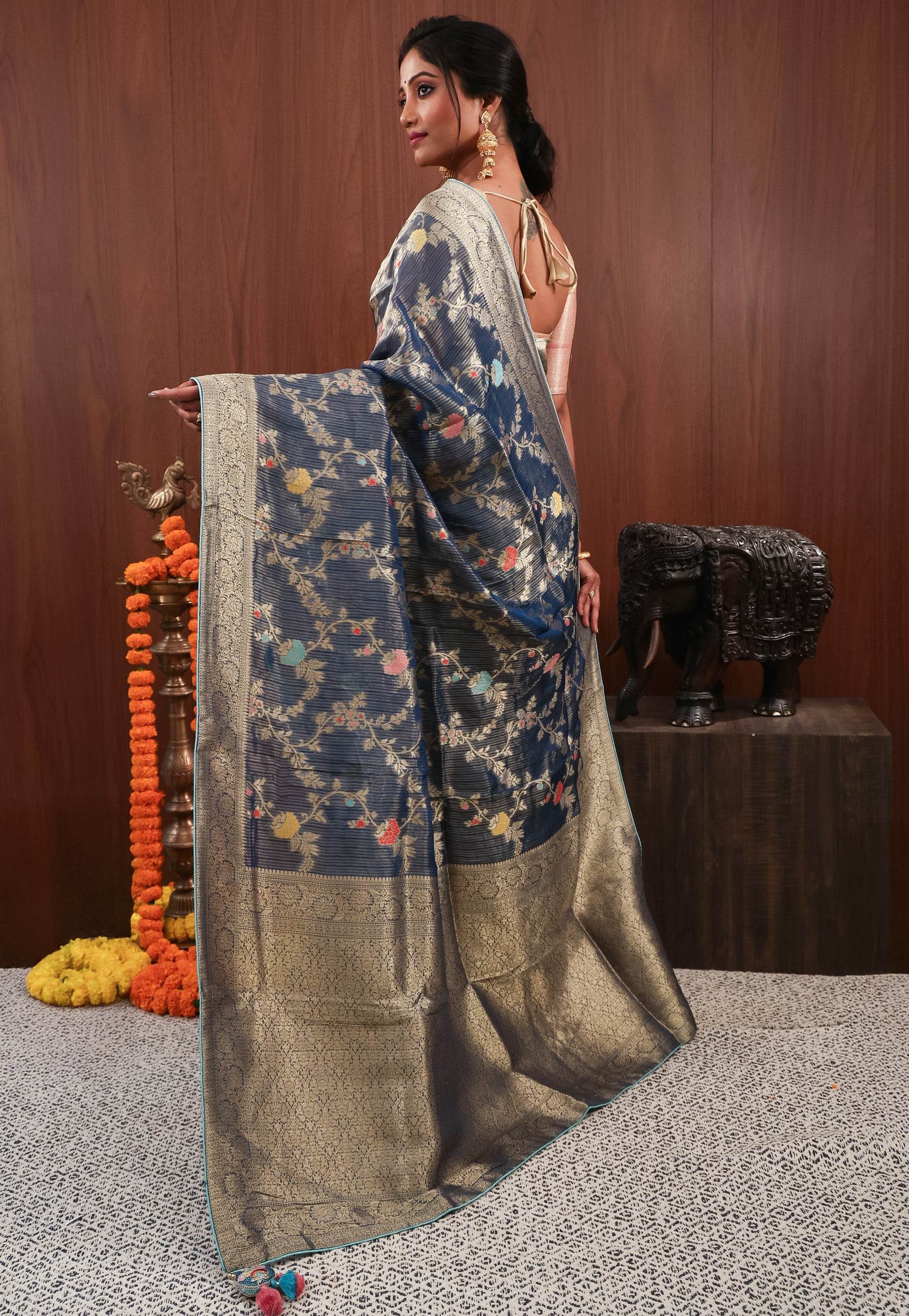 Blue Minakari Tissue Silk Saree with Blouse Piece - Adi Akshoy & Co.
