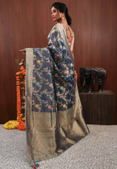 Blue Minakari Tissue Silk Saree with Blouse Piece - Adi Akshoy & Co.