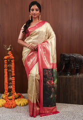 Golden with Rani Pink Border Tissue Silk Saree with Blouse Piece - Adi Akshoy & Co.