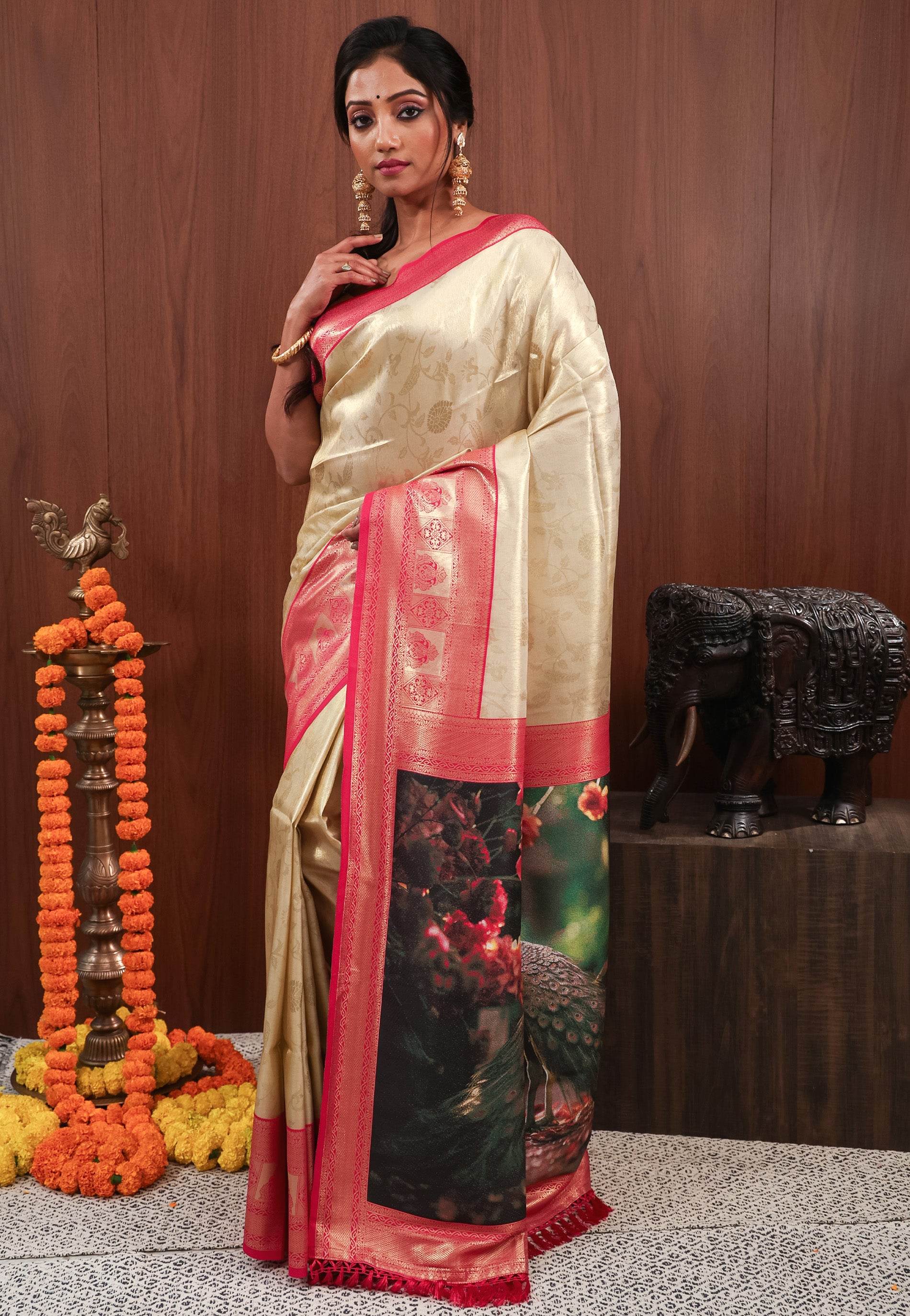 Golden with Rani Pink Border Tissue Silk Saree with Blouse Piece - Adi Akshoy & Co.