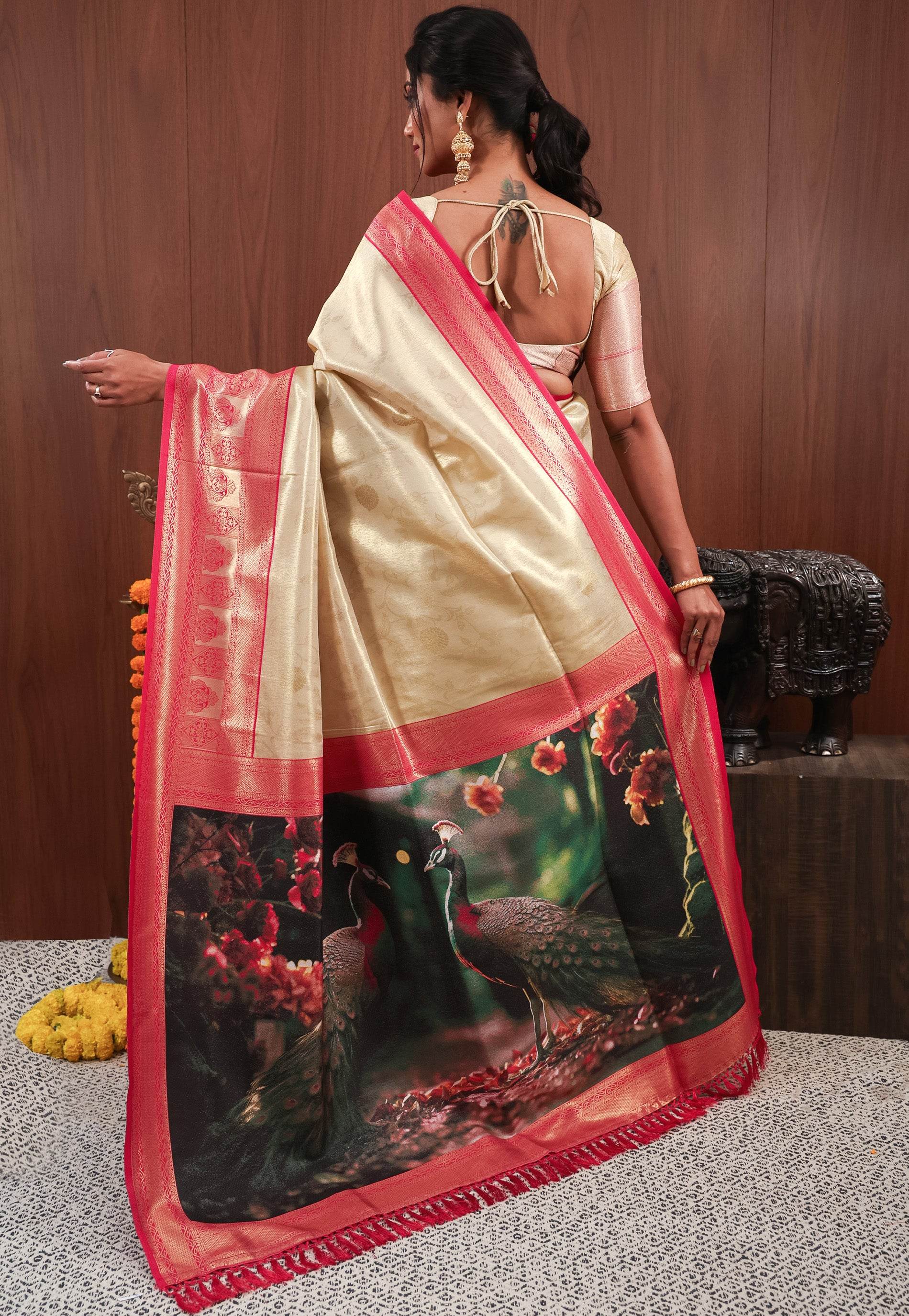 Golden with Rani Pink Border Tissue Silk Saree with Blouse Piece - Adi Akshoy & Co.