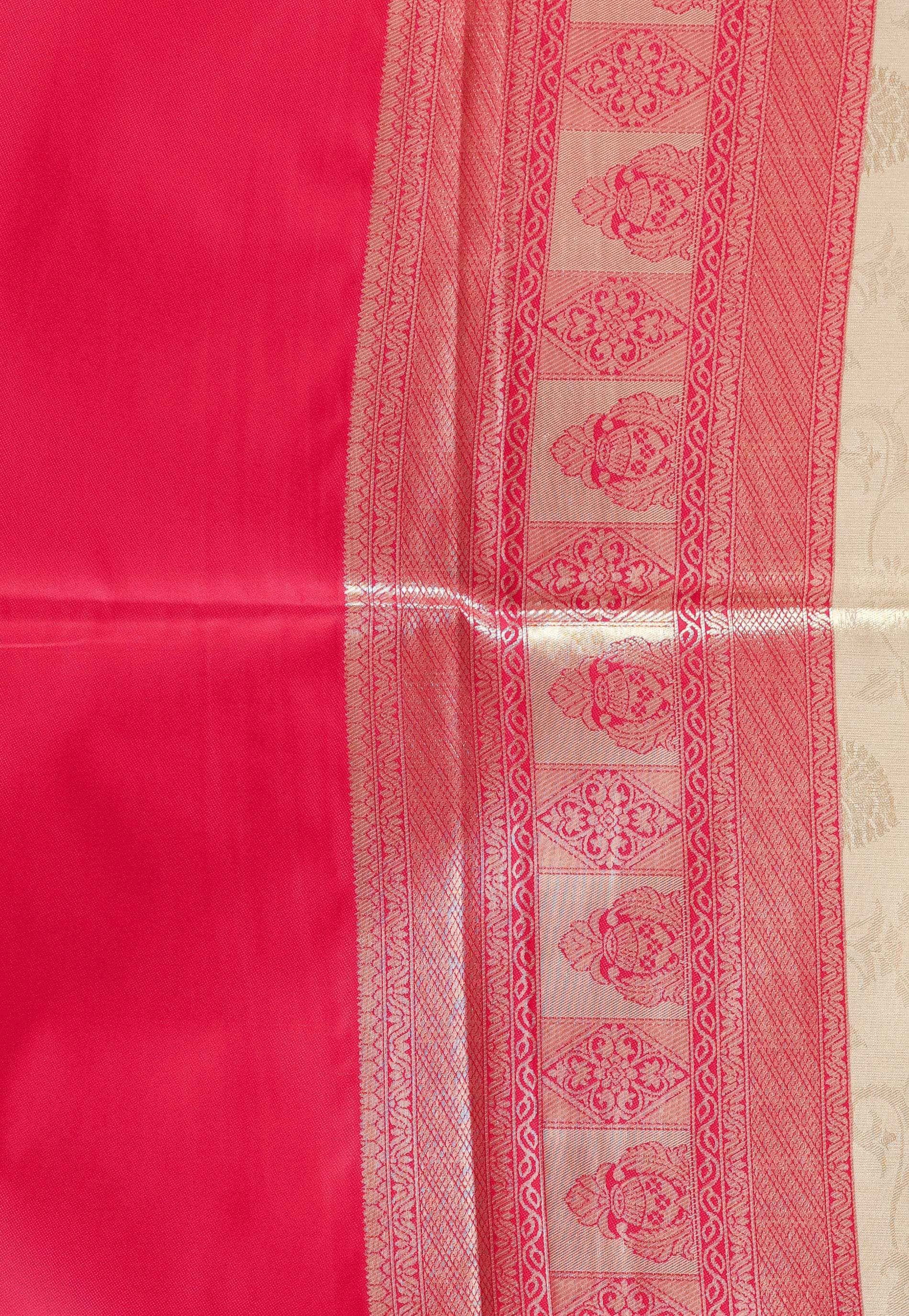 Golden with Rani Pink Border Tissue Silk Saree with Blouse Piece - Adi Akshoy & Co.