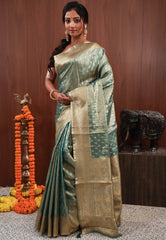 Sea Green Tissue Silk Saree with Blouse Piece - Adi Akshoy & Co.