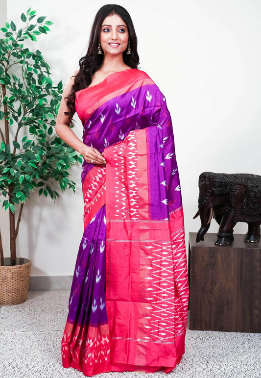 Purple with Rani Pink Border Handloom Ikkat Saree With Blouse Piece - Adi Akshoy & Co.