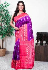 Purple with Rani Pink Border Handloom Ikkat Saree With Blouse Piece - Adi Akshoy & Co.